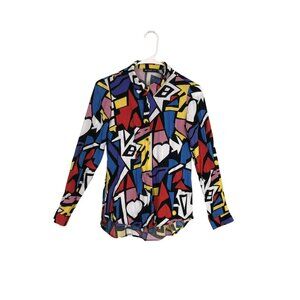 Y2K Big Dart Button-Up Blouse Colorful Abstract Print Long Sleeve Size 8 Womens